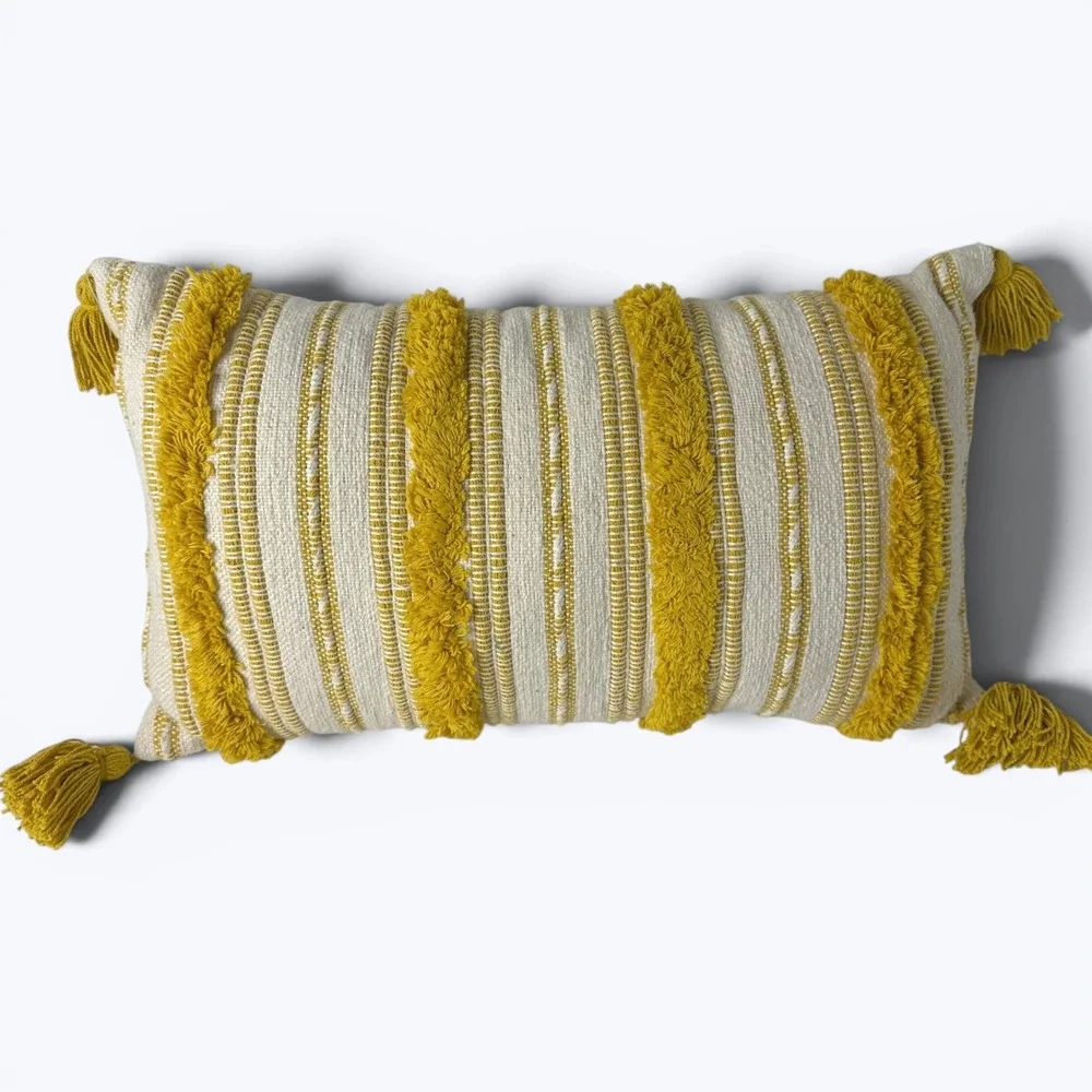 Woven Yellow Striped Lumbar Pillow Tassels Tufted Boho Accent Cushion 14x24